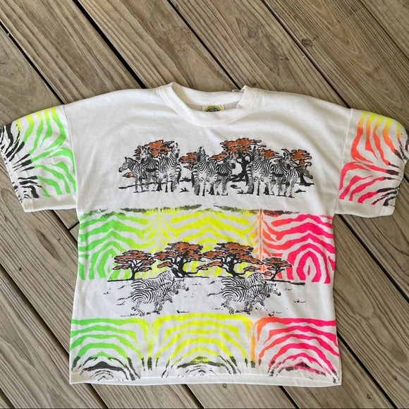 Vintage neon animal print zebra glitter tee M 80s - Picture 1 of 8